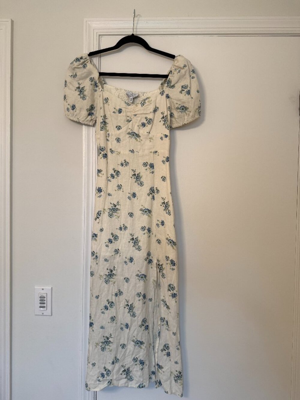 & Other Stories White and Blue Floral Puff Sleeve Linen Midi Dress